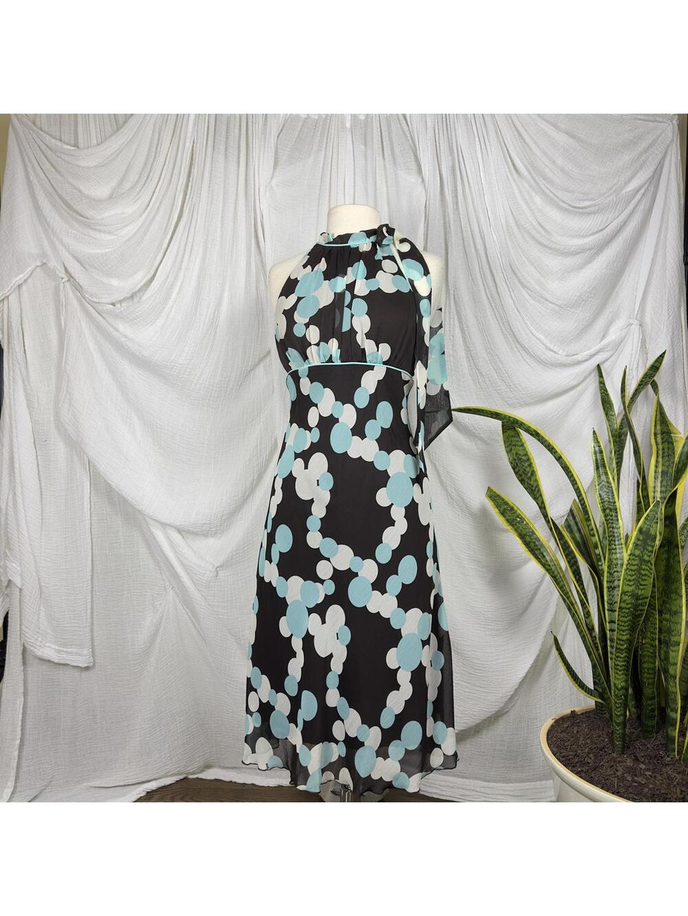Vintage Y2K Three Pink Hearts Black & Blue Polka Dot Midi Dress Size Small